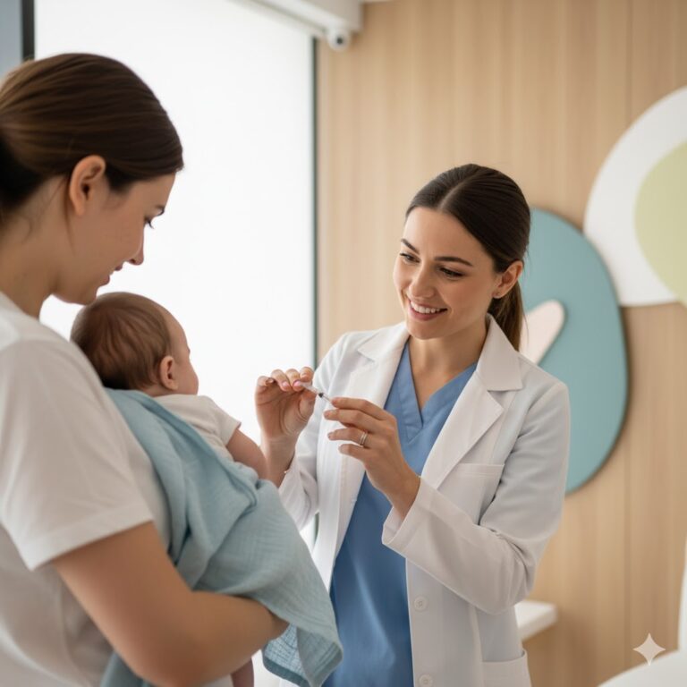 bebê tomando vacinas de 5 meses com mãe e enfermeira